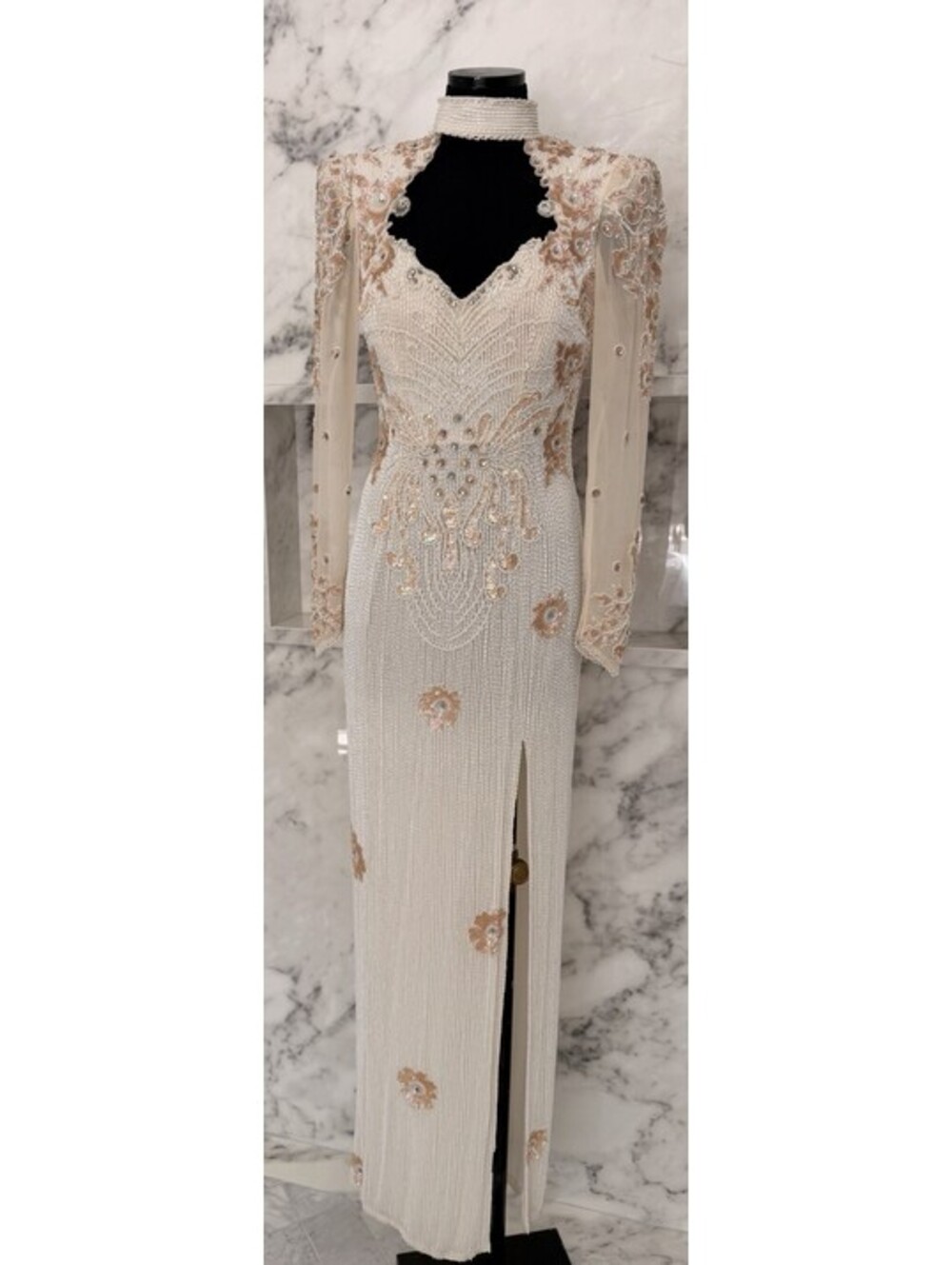 Vintage Alyce Designs Silk Beaded Gown Size 6 Ivory Sequin Long Sleeve Formal